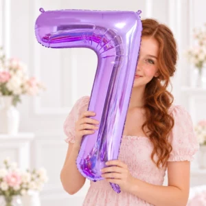 Girl holding Purple Foil Number 7 Balloon 100cm against a pale background