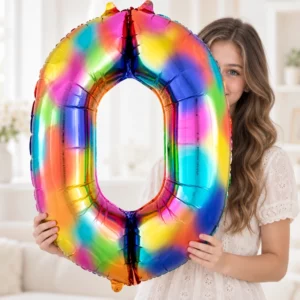 Girl holding Rainbow Foil Number 0 Balloon 100cm against a pale background