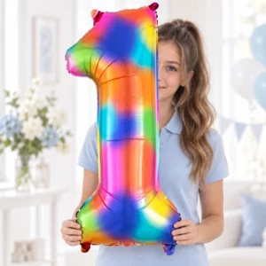 Girl holding Rainbow Foil Number 1 Balloon 100cm against a pale background