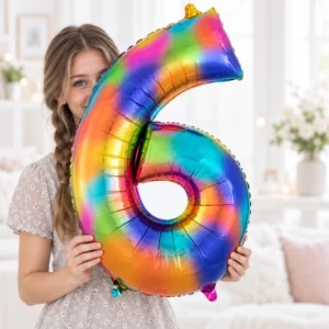 Girl holding Rainbow Foil Number 6 Balloon 100cm against a pale background
