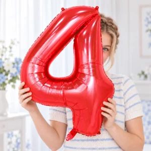 Girl holding Red Foil Number 4 Balloon 100cm against a pale background